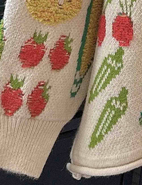 VEGGIE GARDEN JACQUARD BUTTONED CARDIGAN - CREAM - REG/CURVY