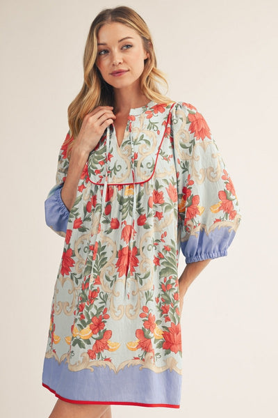 FLORAL PRITNED PEASANT MIDI DRESS - BLUE - Salty Lime Boutique