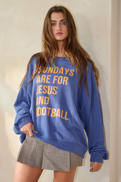 SUNDAYS ARE FOR JESUS AND FOOTBALL GRAPHIC SWEATSHIRT - DENIM BLUE