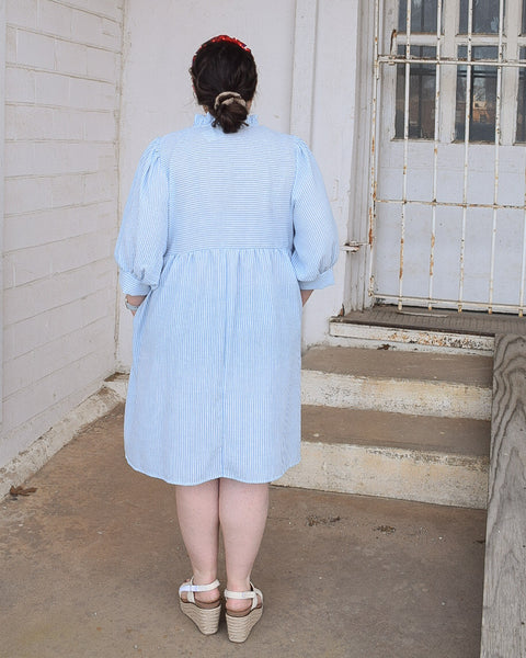 SPRING IS IN THE AIR  FRILLED NOTCH NECK YOKE BUBBLE SHORT SLEEVE SHIFT DRESS- REG/CURVY - Salty Lime Boutique