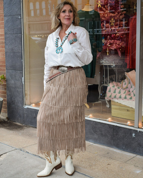 RESTOCKED - THE DOLLY FRINGE SKIRT - TAUPE - REG/CURVY