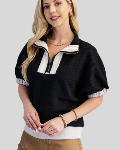 TEXTURED HALF ZIP MOCK NECK TOP - BLACK