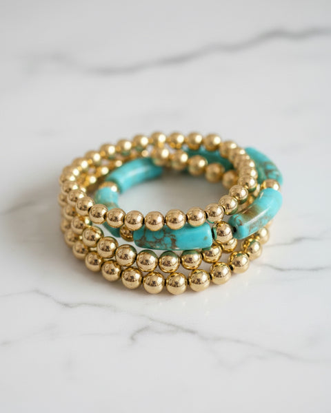 Turquoise Tube & Gold Bead Stretchy Bracelet - Set of 4 - Salty Lime Boutique