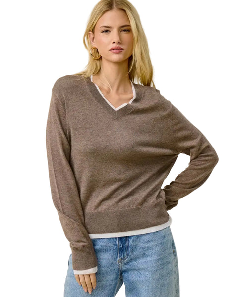 Café Darling Contrast-Trim V-Neck Sweater - Mocha