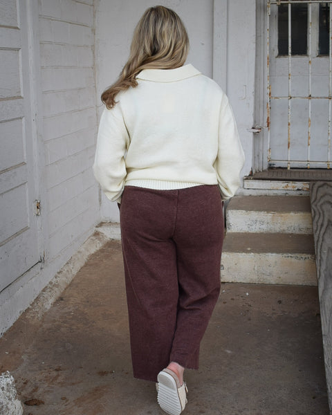 ACID WASH CROPPED FLEECE PALAZZO SWEATPANT REG/CURVY - MAHOGANY