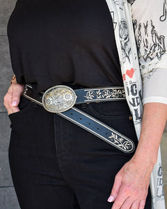 restocked - FLORAL EMBOSSED METAL BUCKLE EMBROIDERED BELT-  3 COLORS