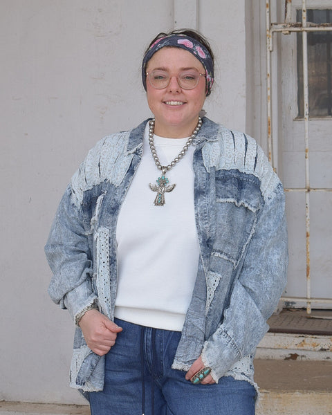 PATCHWORK OPEN CARDIGAN TOP BY A RARE BIRD - DENIM - Salty Lime Boutique