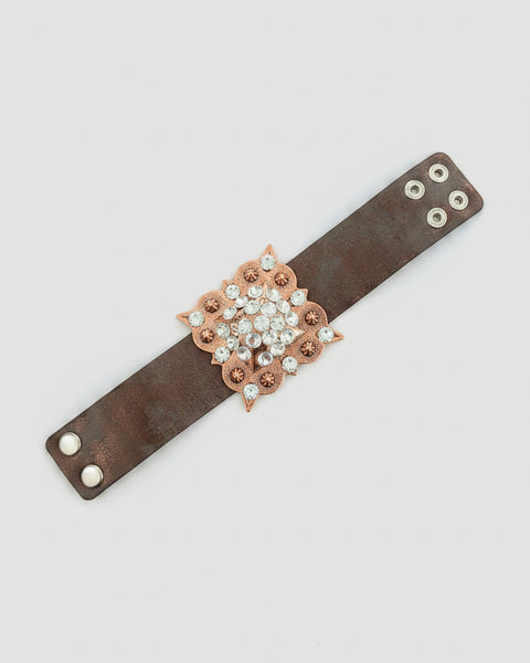 Square Medallion with Rhinestones Leather Cuff Bracelet - Copper