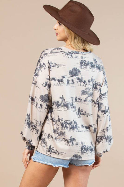 HAILEY WESTERN PRINT SWEATSHIRT - KHAKI/CHARCOAL