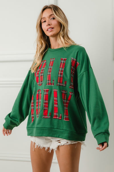 PLAID HOLLY JOLLY CHRISTMAS SWEATSHIRT - DK. GREEN