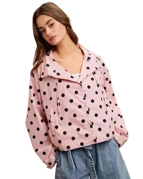 Polka Dot Hooded Windbreaker Jacket - Reg/Curvy - Dusty Pink - Salty Lime Boutique
