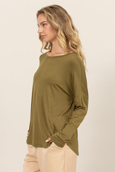 ROUND NECK LONG SLEEVE CURVED HEM TOP - MOSS