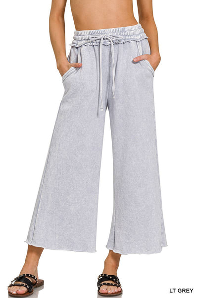 ACID WASHED FLEECE CROPPED SWEATPANTS - LT GREY