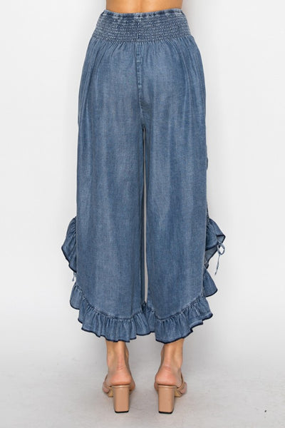 CHAMBRAY SMOCKED ELASTIC WAISTED BLOOMER PANTS WITH POCKETS - CHAMBRAY - Salty Lime Boutique