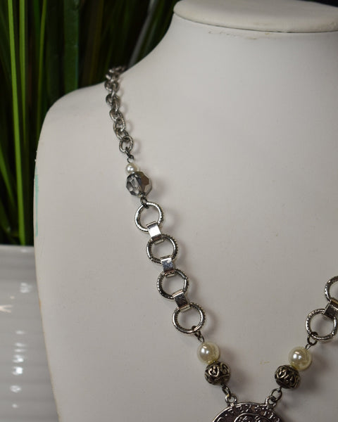 RHINESTONE COIN NECKLACE - ANTIQUE SILVER - Salty Lime Boutique