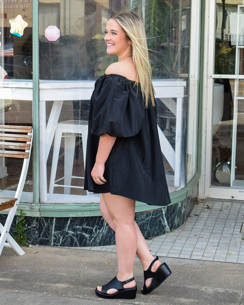 PUFF SLEEVE OFF THE SHOULDER MINI DRESS - BLACK
