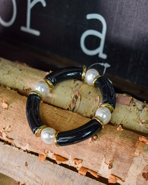 BLACK TUBE BEAD & PEARL STRETCHY BRACELET