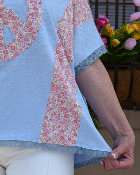 Peaceful Blooms Color Block Top - Lt. Blue
