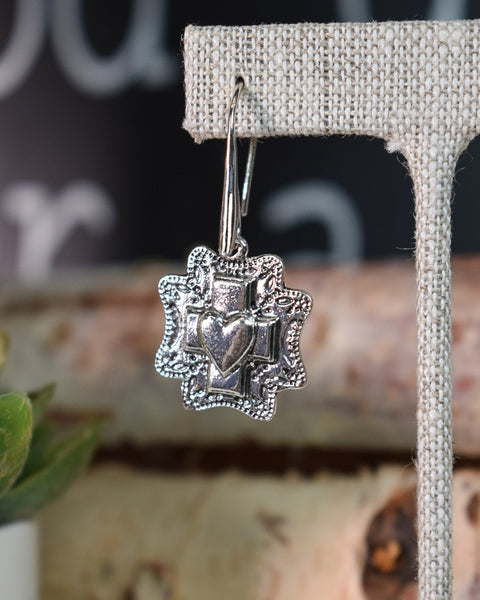 SACRED HEART & CROSS EARRINGS - SILVER