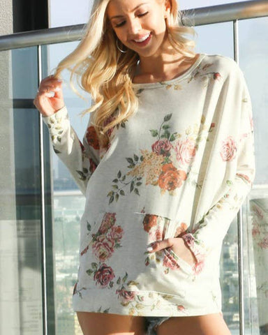 CAROLINA FLORAL PRINT DOLMAN SLEEVE TOP - OATMEAL