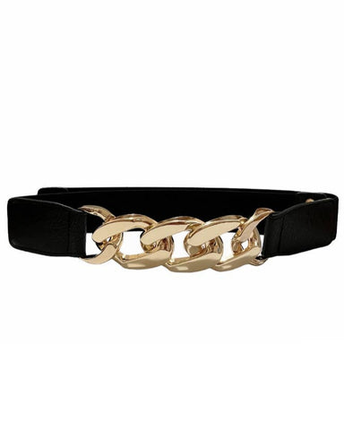 Black belt with gold chain detail on a white background