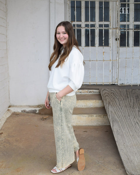 POLLY FRENCH TERRY CROPPED PALAZZO PANT -  LT OLIVE - Salty Lime Boutique