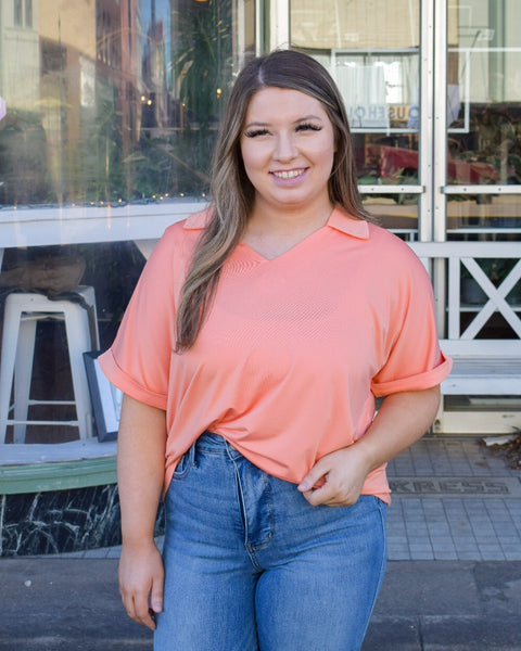 CARA COLLARED TOP - LIGHT CORAL -  REG/CURVY