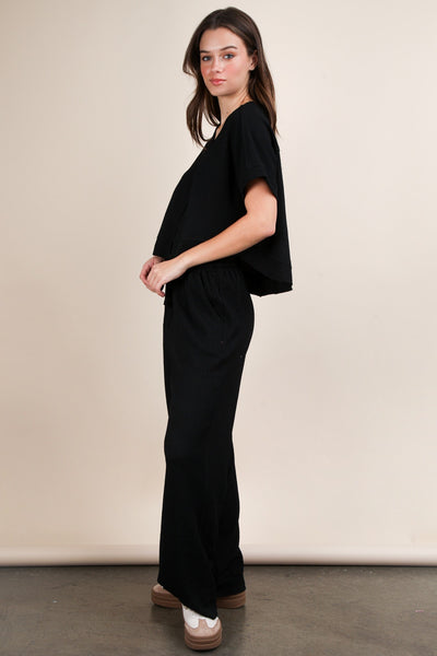 TEXTURED KNIT PANT SET - BLACK - REG/CURVY
