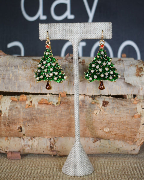 CHRISTMAS TREE WITH PEARLS EARRINGS - GREEN