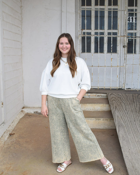 POLLY FRENCH TERRY CROPPED PALAZZO PANT -  LT OLIVE - Salty Lime Boutique