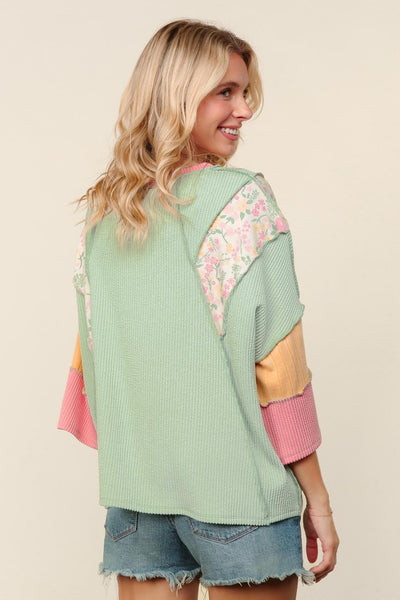 JASMINE FLORAL COLOR BLOCK RIB KNIT TOP - MINT