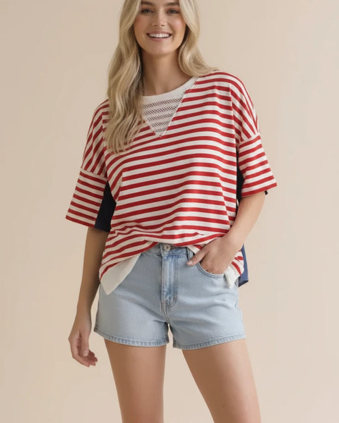 Oversized Star Jacquard Denim Stripe Top - Salty Lime Boutique