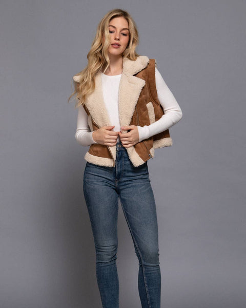 FAUX SUEDE INNER FUR VEST - CARMEL - REG/CURVY