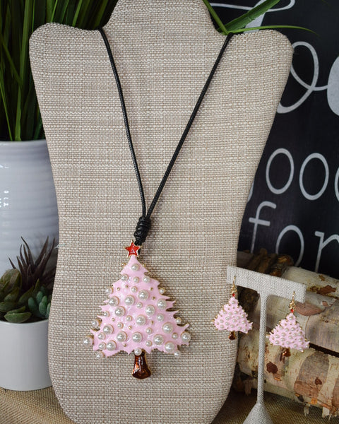 CHRISTMAS TREE WITH PEARLS EARRINGS  - PINK