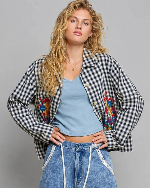 Gretta Gingham Embroidered Jacket by POL - Navy Multi