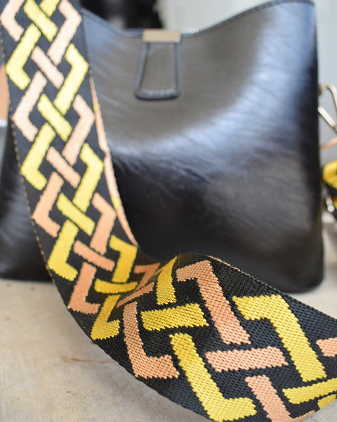 Geometric Diamond Woven Adjustable Canvas Strap: BLACK/GOLD - Salty Lime Boutique