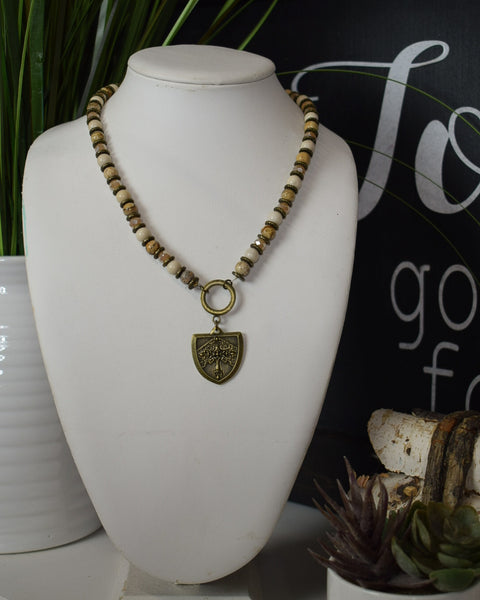 GENUINE STONE & GLASS BEAD CREST MEDALLION NECKLACE -  ANTIQUED BRASS - Salty Lime Boutique