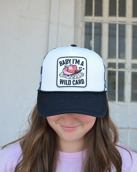 BABY I'M A WILD CARD TRUCKER HAT- BLACK/WHITE CHECKERED - Salty Lime Boutique