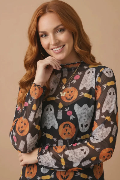 High Neck Pumpkin Ghost Merrow Hem Mesh Top - Black - Salty Lime Boutique