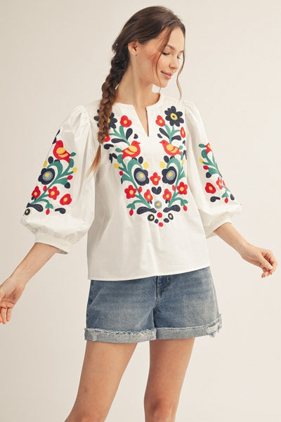 PUFF SLEEVE EMBROIDERED TOP - WHITE - Salty Lime Boutique