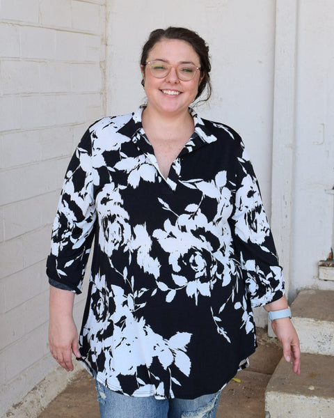 HARPER BUTTON SLEEVE FLORAL TOP - BLACK/WHITE - REG/CURVY
