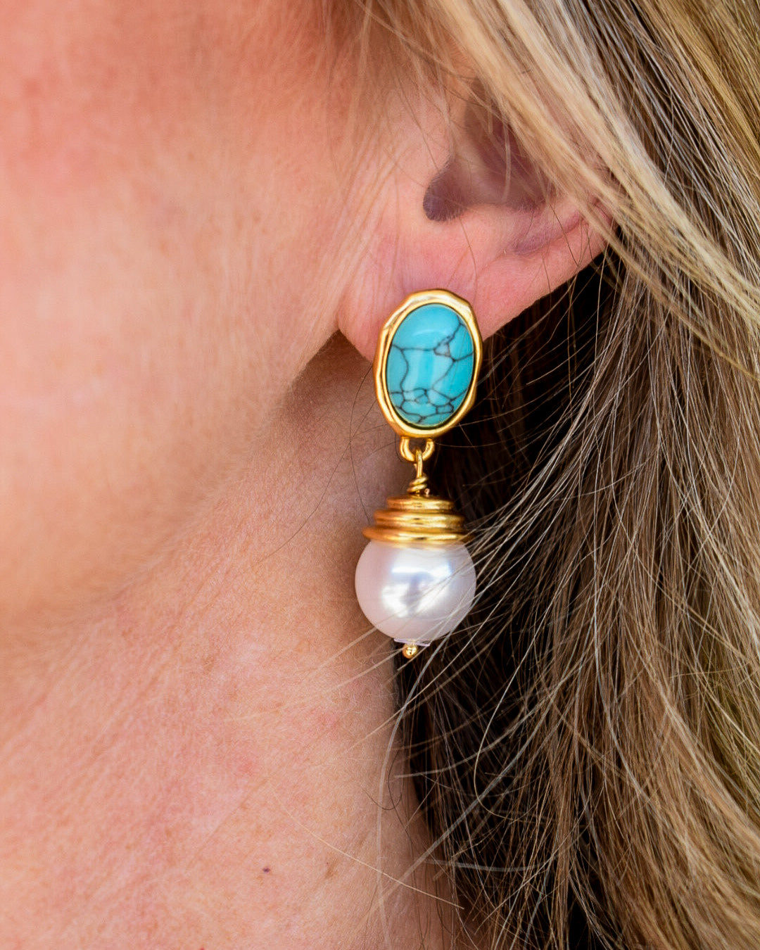 NADIA 18K GOLD TURQUOISE STONE PEARL EARRING