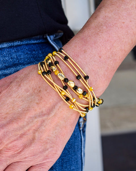 METAL COIL MULTI STRAND BEAD STRETCH BRACELET - MUSTARD/BLACK