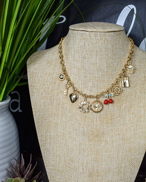 STARBURST AND CHERRIES CHARM NECKLACE - GOLD