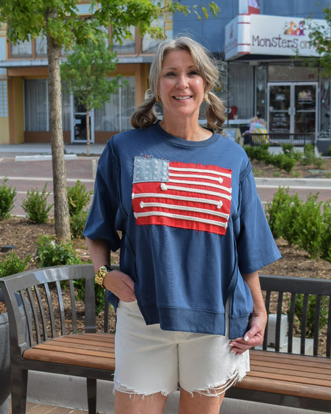 American Flag Patchwork Boxy Tee - Navy
