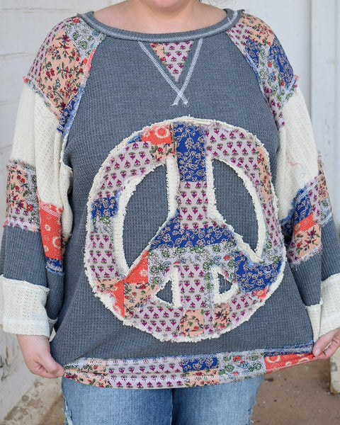 PEACE SIGN PATCHWORK TOP BY POL - CHARCOAL