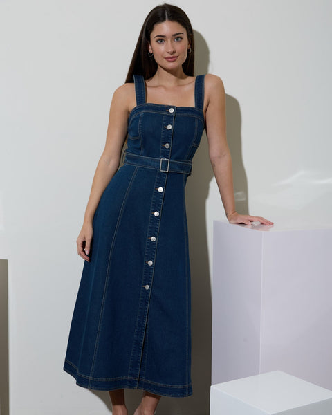 Square Neck Button Down Belted Midi Denim Dress - Salty Lime Boutique