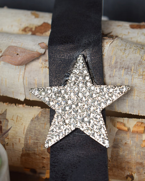 STAR WITH RHINESTONES LEATHER CUFF BRACELET - SILVER