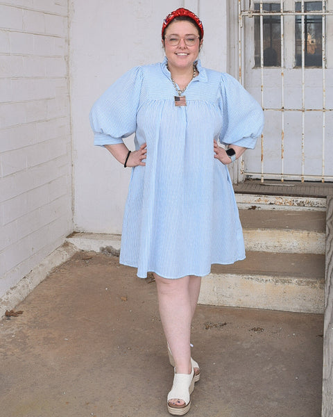 SPRING IS IN THE AIR  FRILLED NOTCH NECK YOKE BUBBLE SHORT SLEEVE SHIFT DRESS- REG/CURVY - Salty Lime Boutique