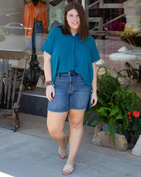 LIKE NO OTHER BUBBLE CREPE TOP - TEAL